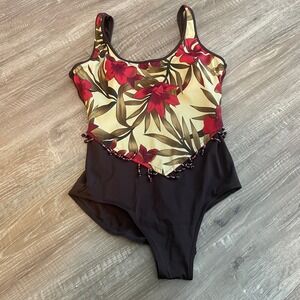 Suit Yourself Womens One Piece Swimsuit 16 Brown Floral Tummy Thinner Beaded